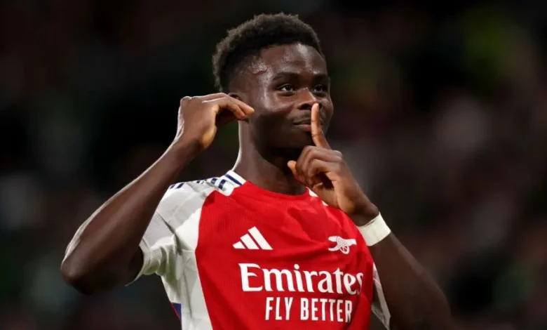 Bukayo Saka scored his second Champions League goal of the season against Sporting