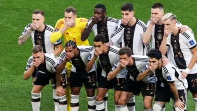 Joshua Kimmich (bottom left) was among the Germany players to protest in 2022, with goalkeeper Manuel Neuer captain at the time