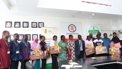 The beneficiary students, Heads of Department as well as CEO of FFAF, Mrs Mercy Bruce-Amanquah(6th right) stands close to Prof David Asamoah, Pro Vice-Chancellor, KNUST during the presentation ceremony last Friday.