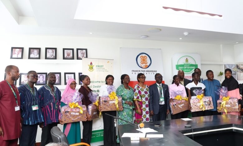 The beneficiary students, Heads of Department as well as CEO of FFAF, Mrs Mercy Bruce-Amanquah(6th right) stands close to Prof David Asamoah, Pro Vice-Chancellor, KNUST during the presentation ceremony last Friday.